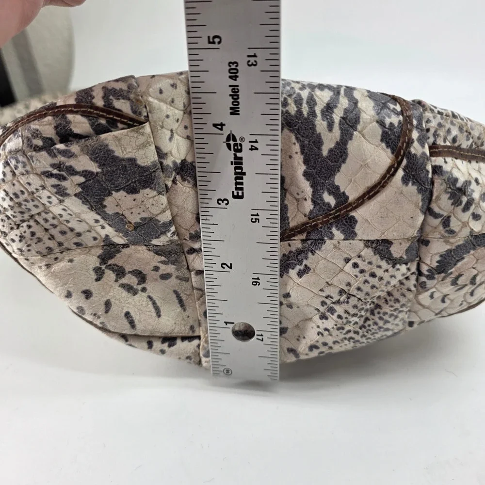 Vintage Hobo Bucket Bag Snakeskin Print‎ Fringe Leather Brown Cream Coin Purse